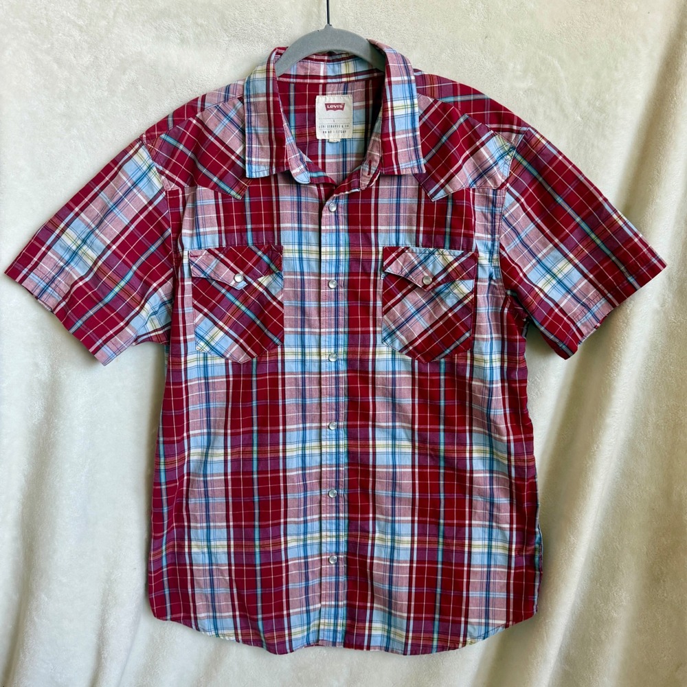 Levis Red Blue Plaid Western Snap Shirt Size L Short Sleeve Cotton Poly Top